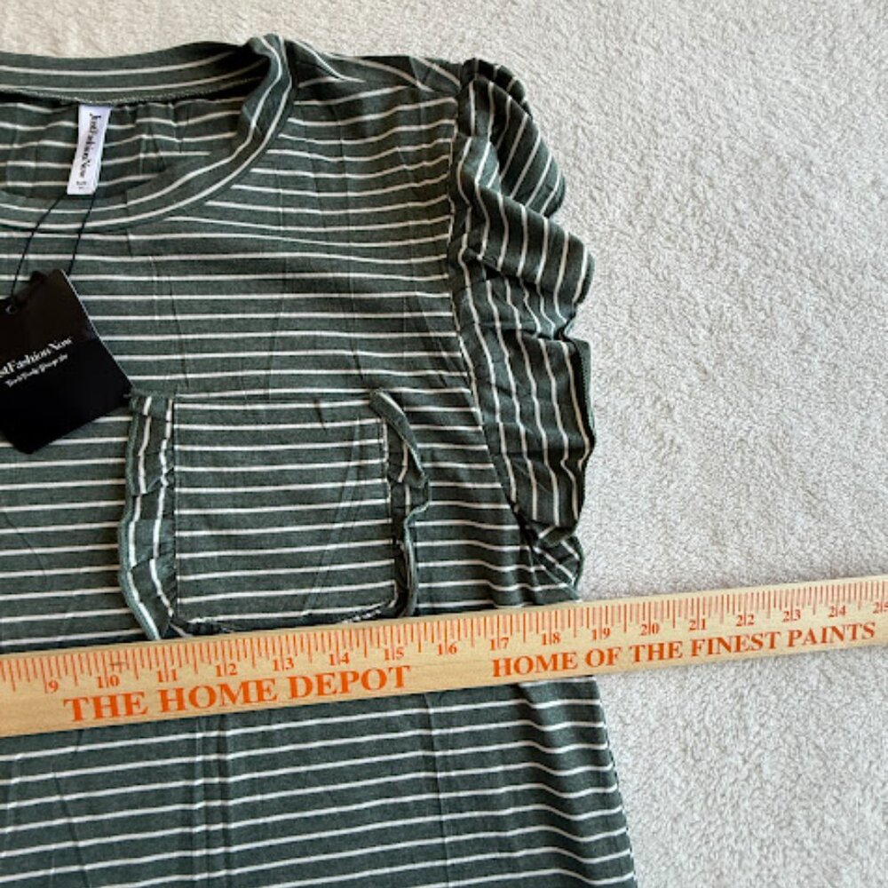 NWT Olive Green Striped Ruffle Sleeve Tee Womens Casual Pocket Top Size M - Picture 8 of 13